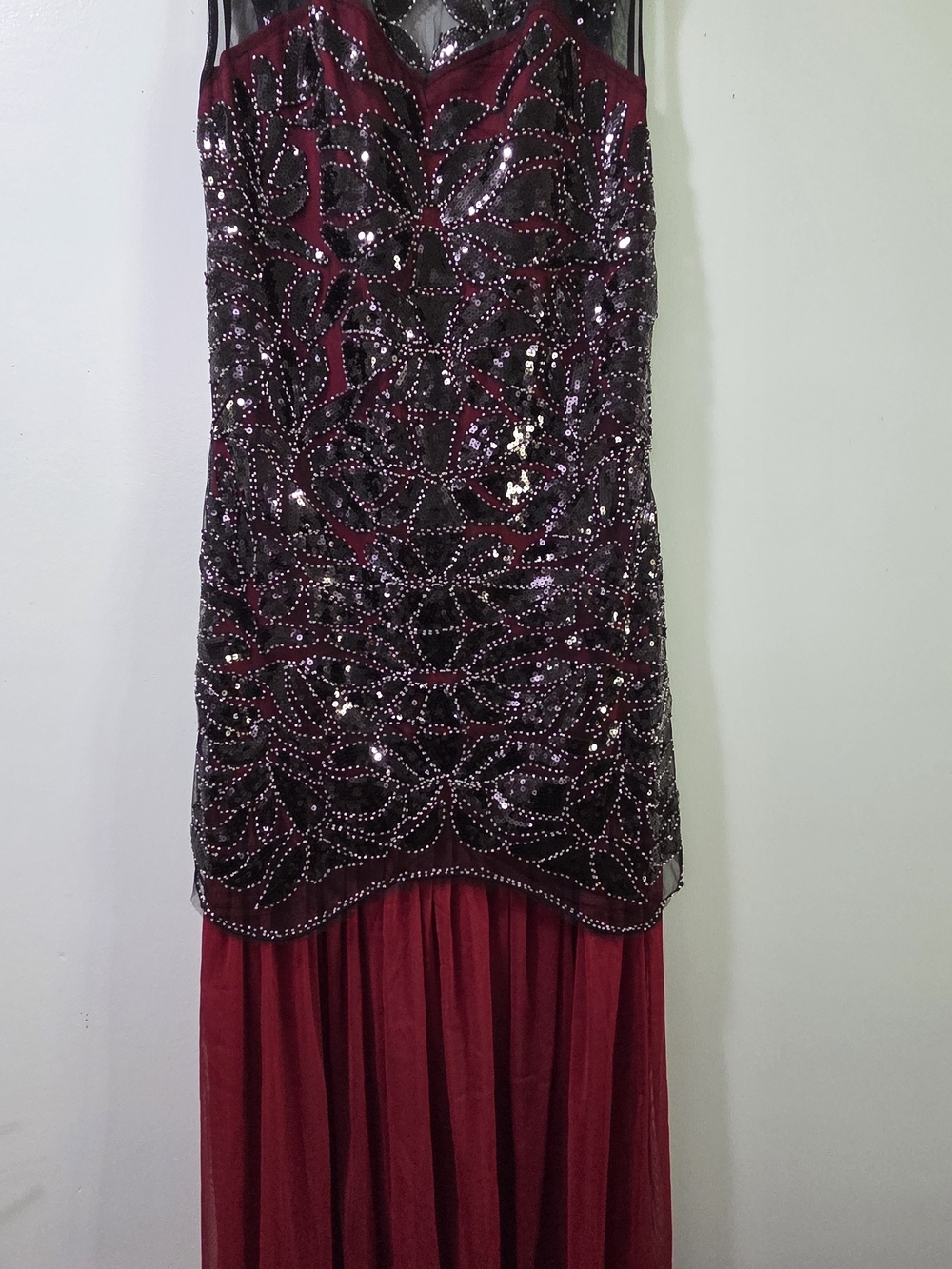 Beaded Burgundy Prom Dress with Embellished Overlay